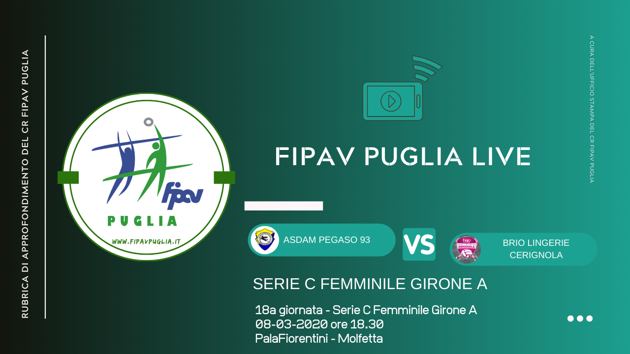 04-03-2020: #fipavpuglia – Tornano i live di FIPAV Puglia, domenica a Molfetta per Asdam Pegaso Molfetta 93 – Brio Lingerie Cerignola di CF