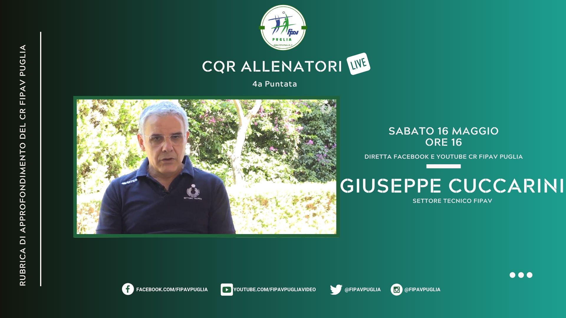 16-05-2020: #fipavpuglia – Oggi la 4a puntata di “CQR Allenatori Live” con Giuseppe Cuccarini